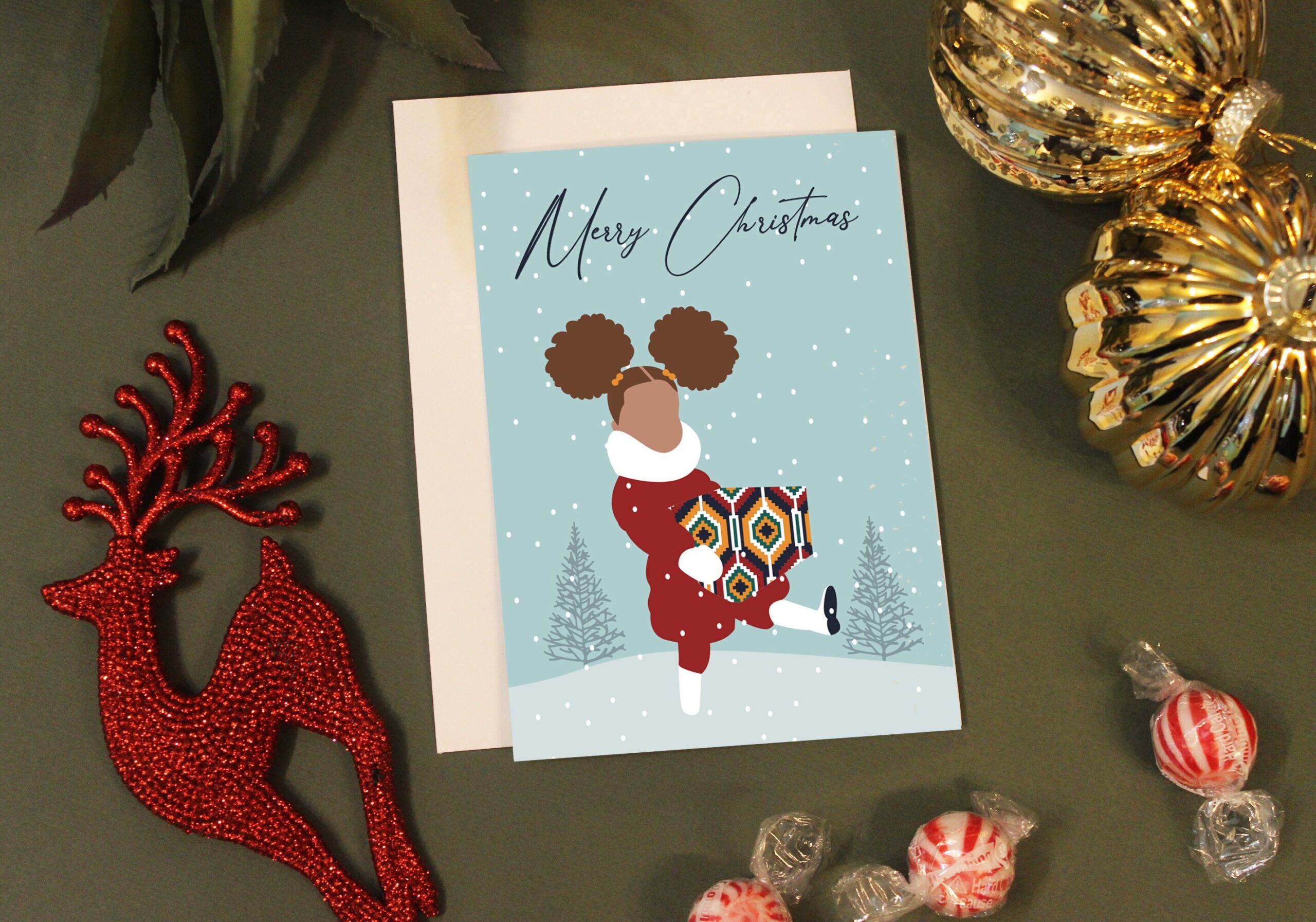 Multicultural/Black Girl Christmas card, Festive Season, Girl joyful with gift, Diverse cards, Merry Christmas, Black Love, African Print