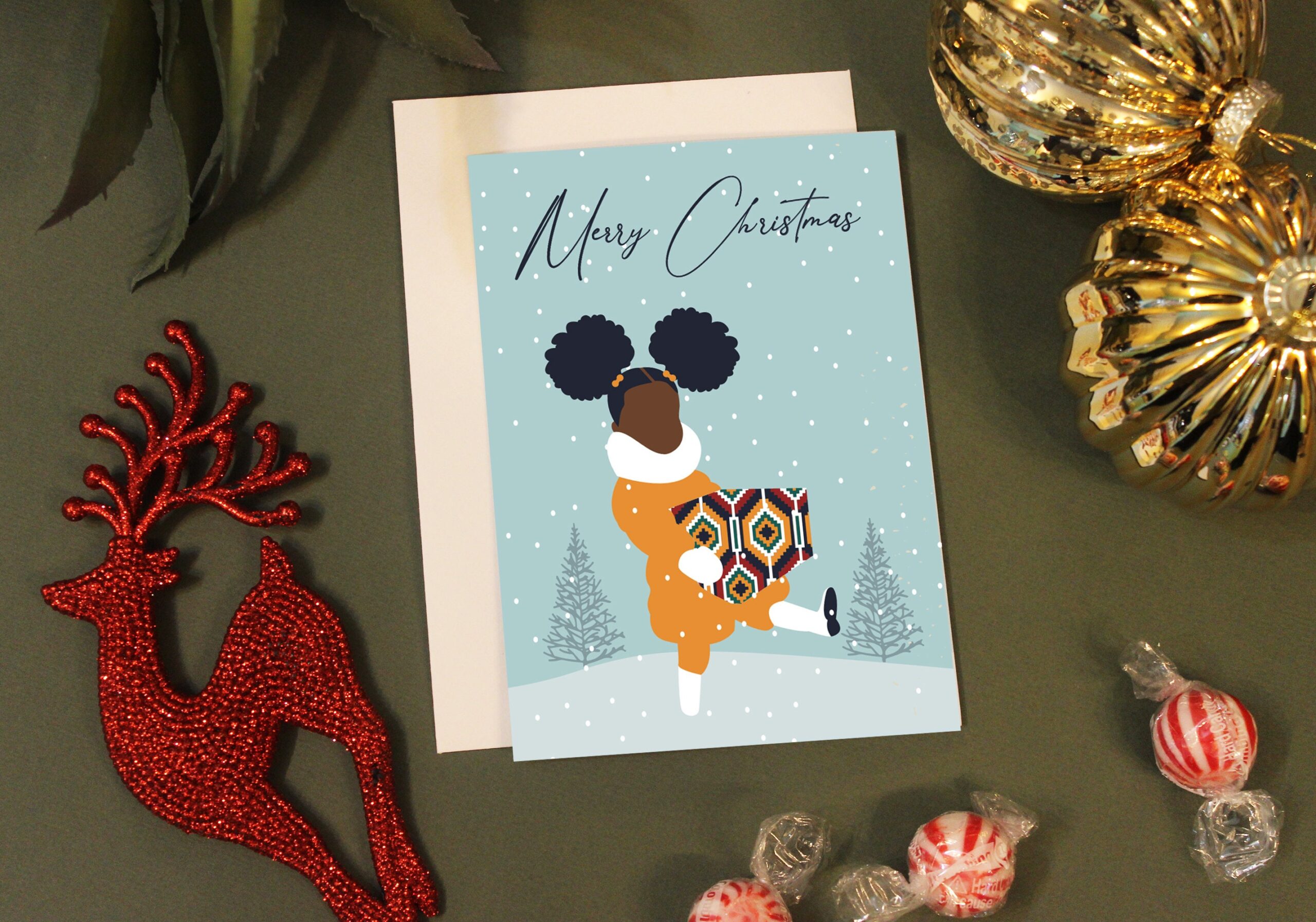 Black Girl Christmas card, Festive Season, Girl happy with gift, Diverse cards, Merry Christmas, Black Love, African Print
