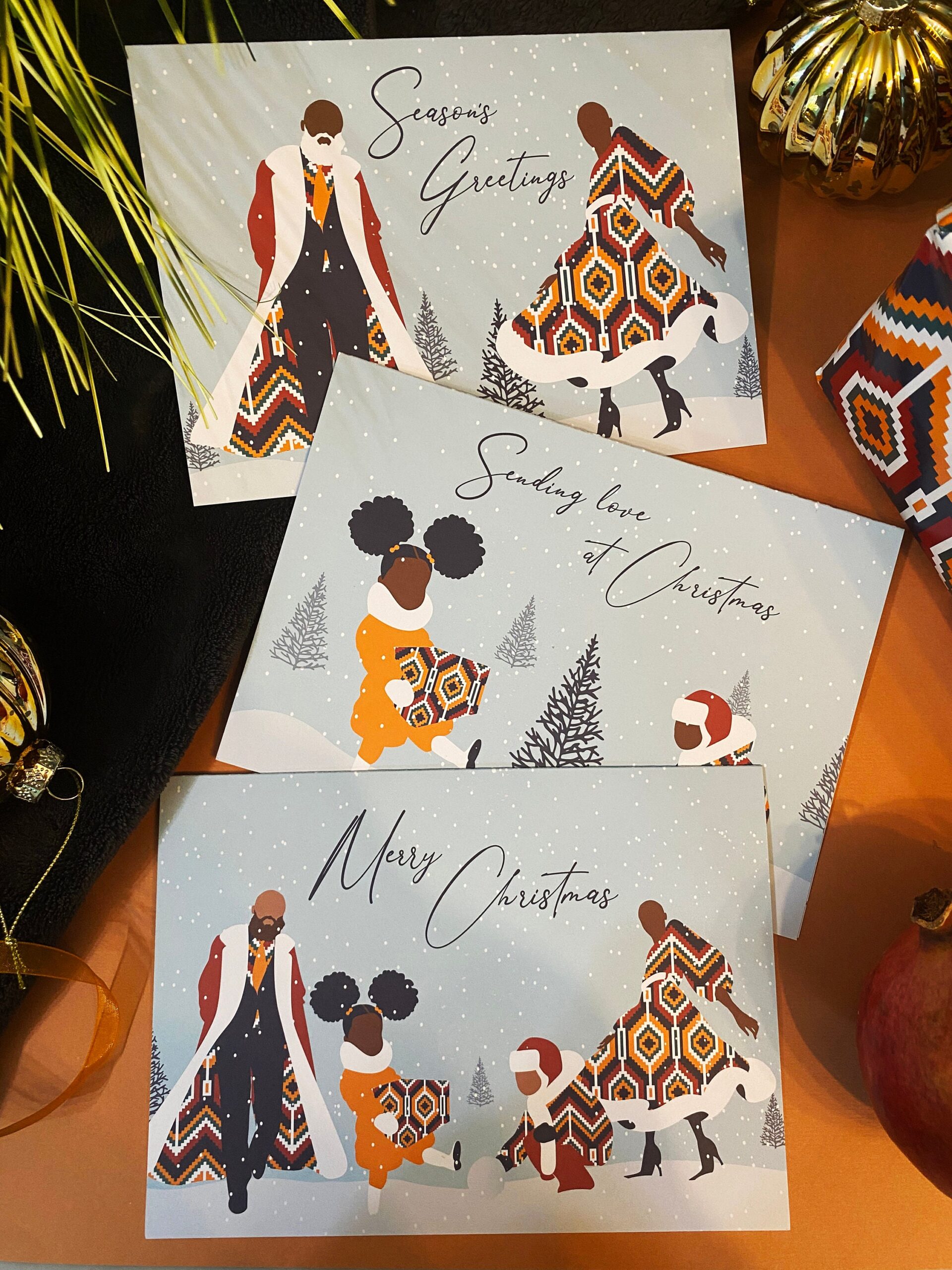 Merry Christmas, Black Family gathering in the snow, Festive Season, Black cards, Diverse cards, Christmas traditions, Black Love - Image 2