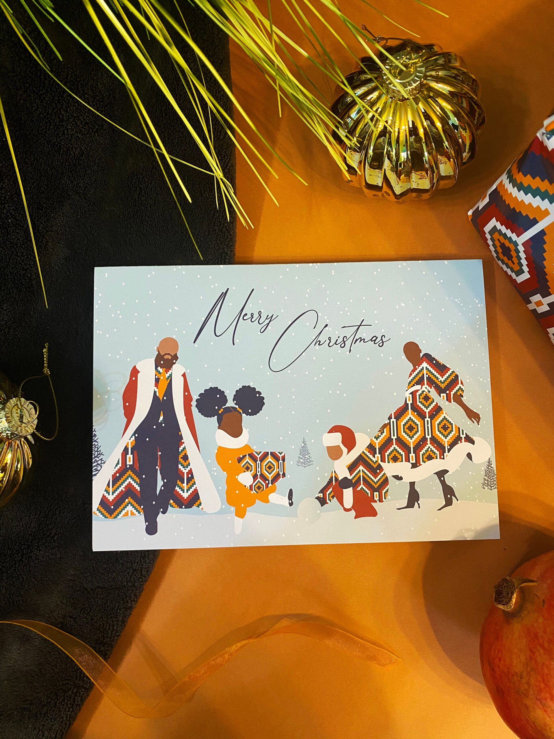 Merry Christmas, Black Family gathering in the snow, Festive Season, Black cards, Diverse cards, Christmas traditions, Black Love