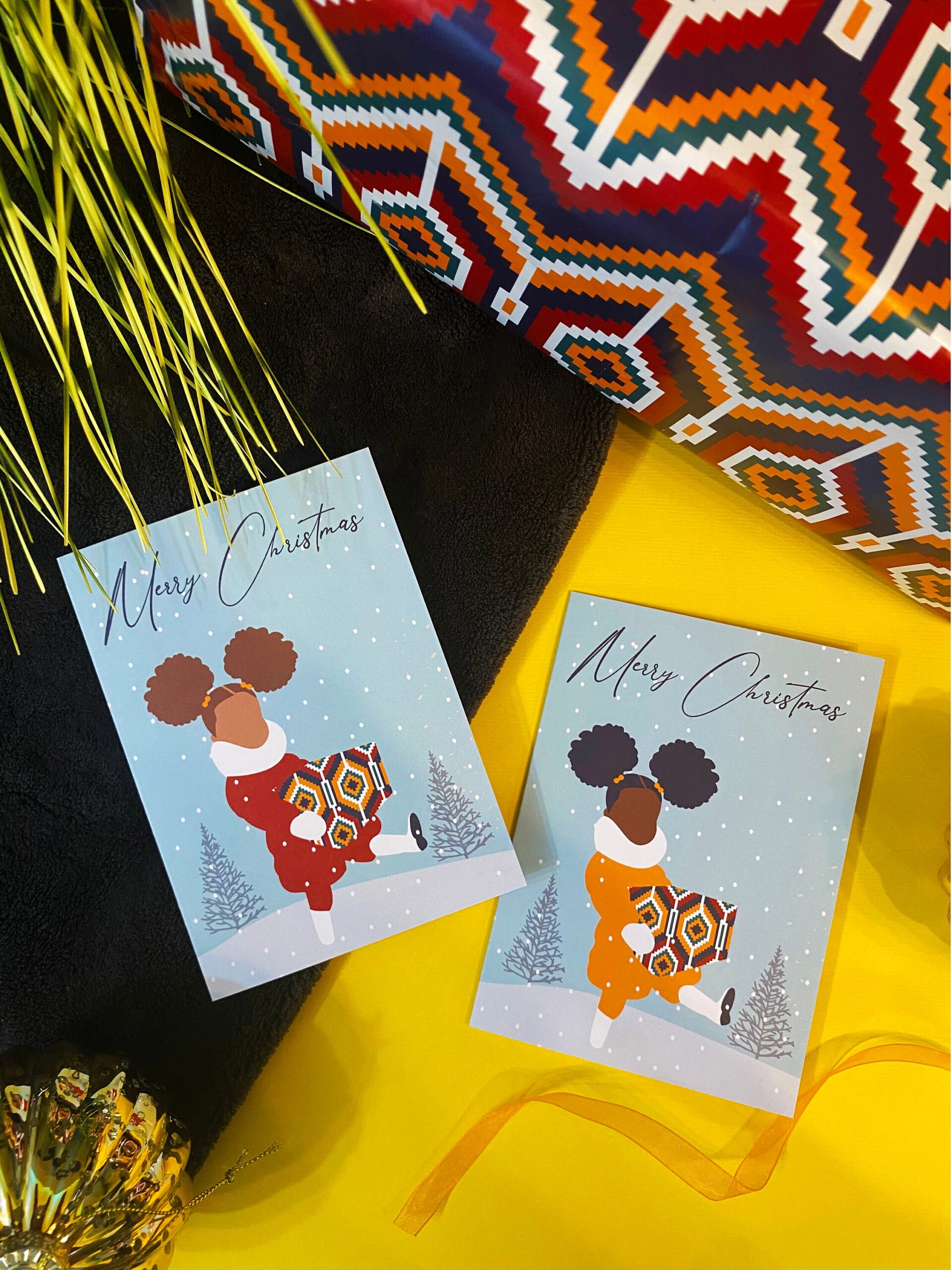 Multicultural/Black Girl Christmas card, Festive Season, Girl joyful with gift, Diverse cards, Merry Christmas, Black Love, African Print - Image 4