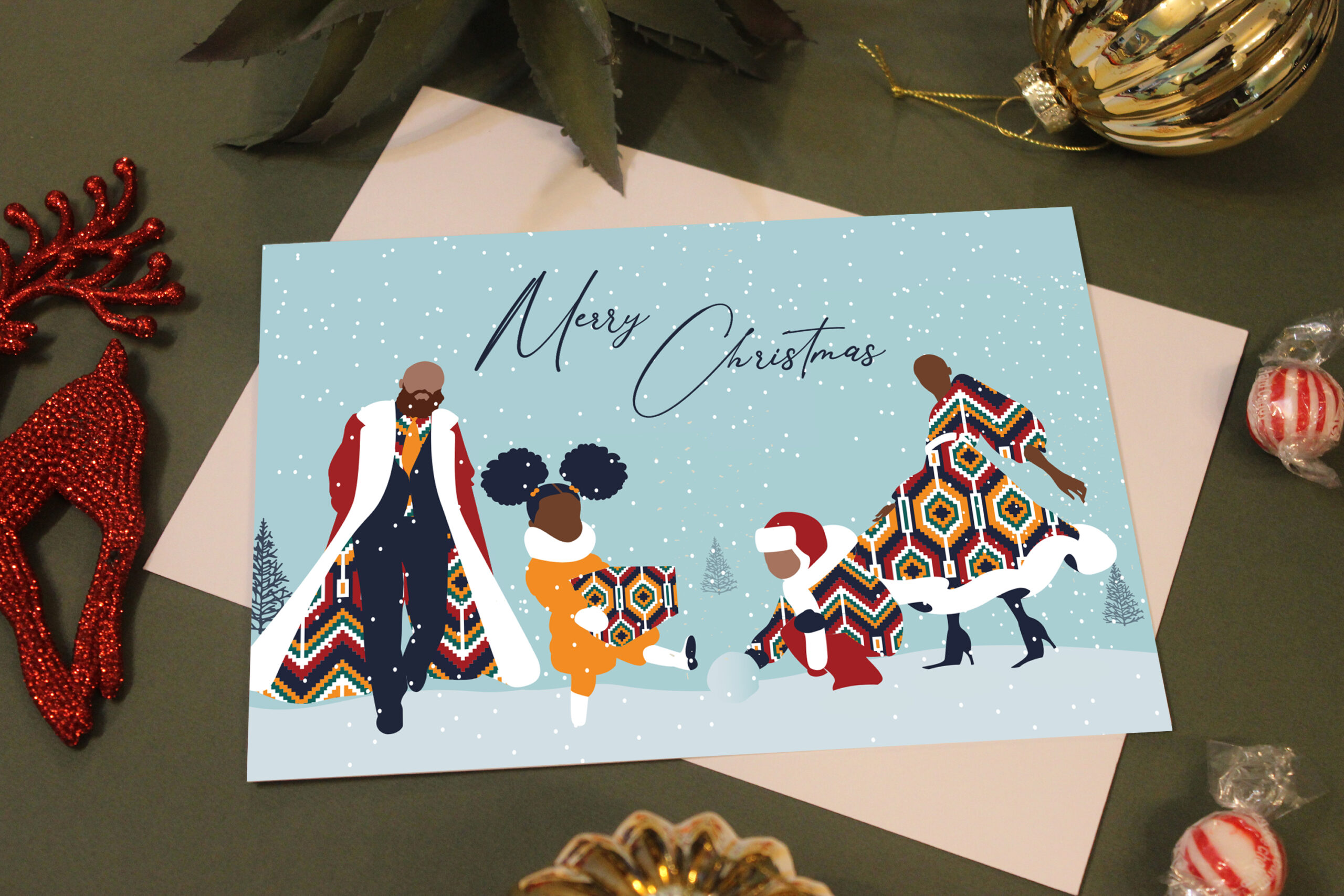 Merry Christmas, Black Family gathering in the snow, Festive Season, Black cards, Diverse cards, Christmas traditions, Black Love - Image 3